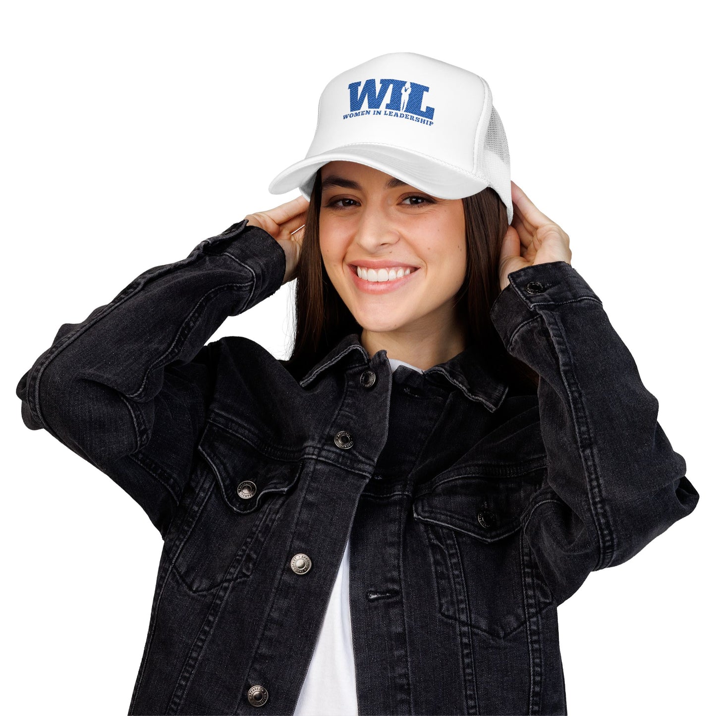 Women in Leadership Foam Trucker Hat (White and Blue logo Embroidery)