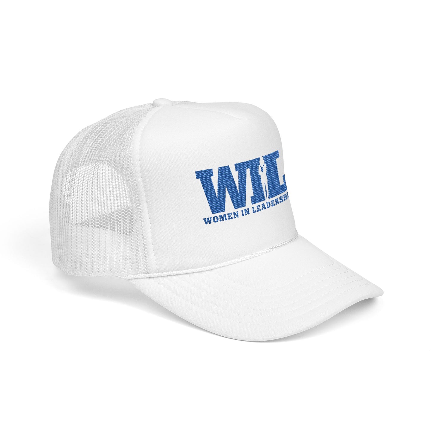 Women in Leadership Foam Trucker Hat (White and Blue logo Embroidery)