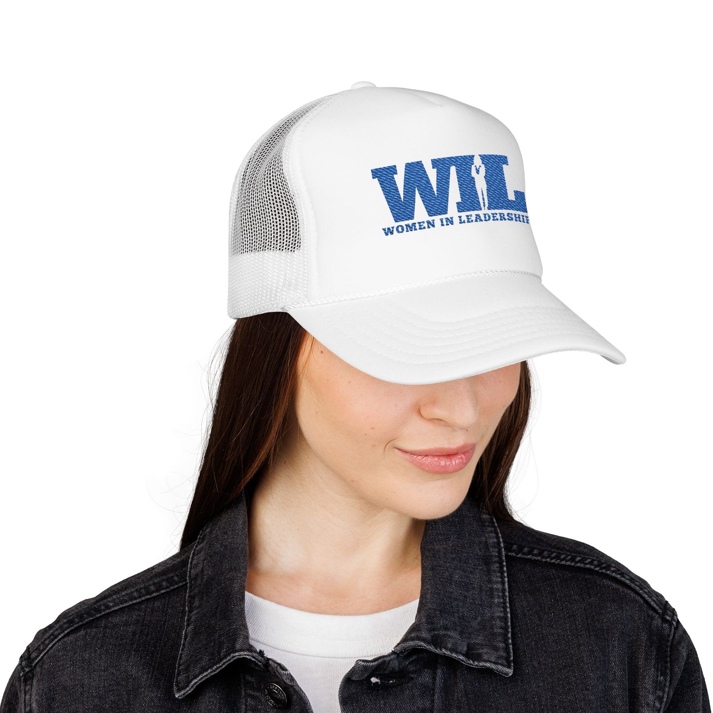 Women in Leadership Foam Trucker Hat (White and Blue logo Embroidery)