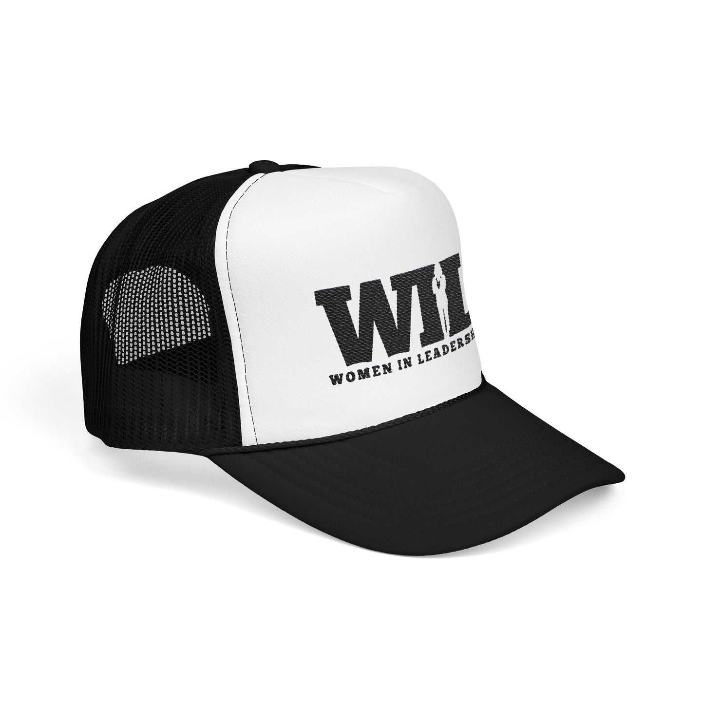 Women in Leadership White and Black Foam Trucker Hat with Black logo Embroidered
