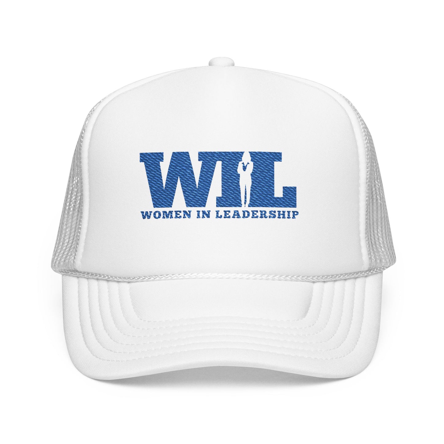 Women in Leadership Foam Trucker Hat (White and Blue logo Embroidery)