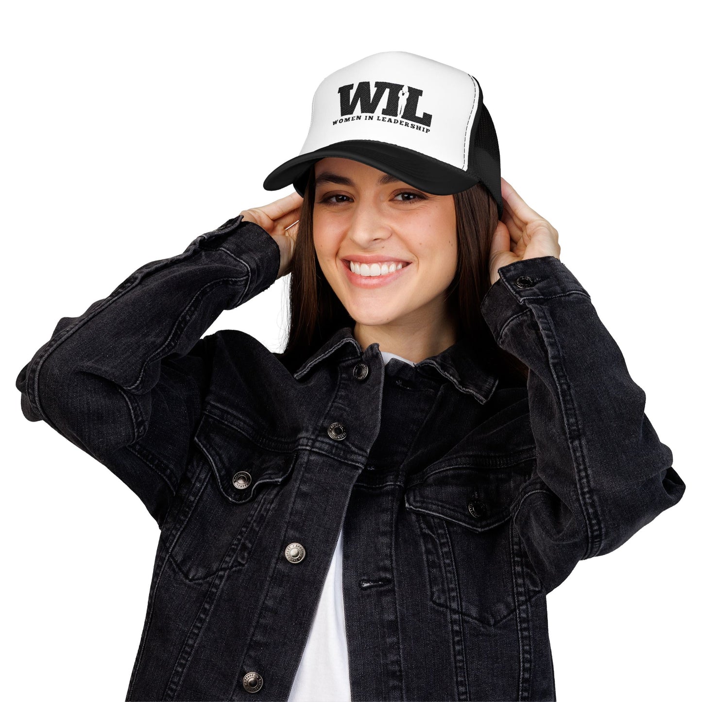 Women in Leadership White and Black Foam Trucker Hat with Black logo Embroidered