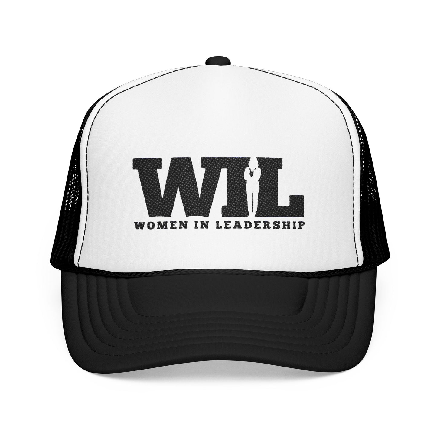 Women in Leadership White and Black Foam Trucker Hat with Black logo Embroidered